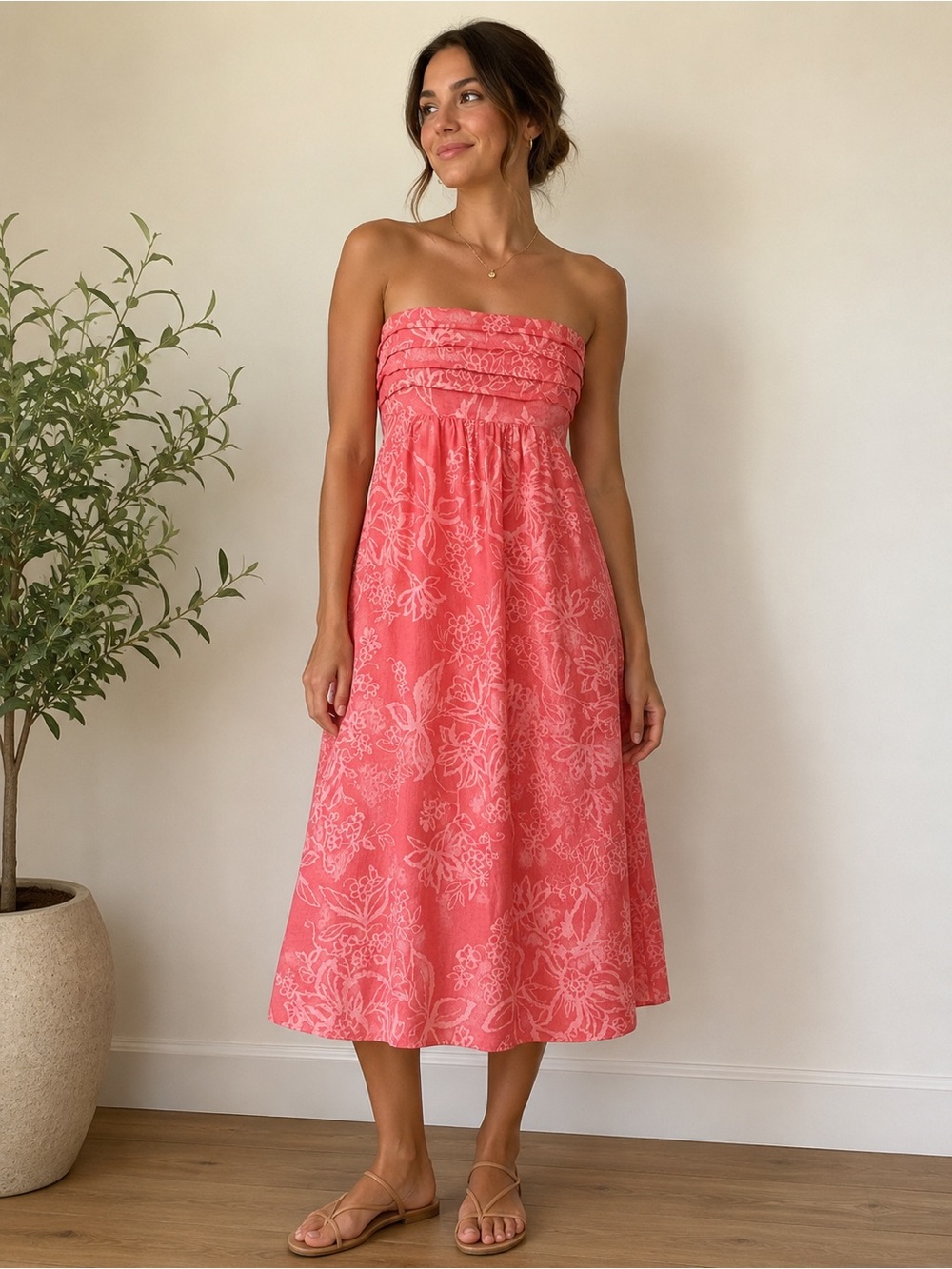 Banana Republic Strapless Pink Floral Midi Dress